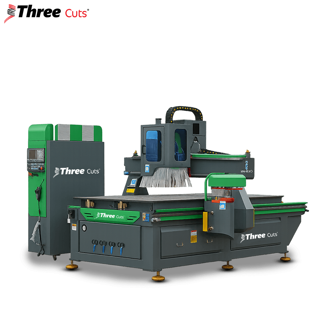 Three Cuts ATC CNC Router Machine with Automatic Tool Changer for wood and acrylic.